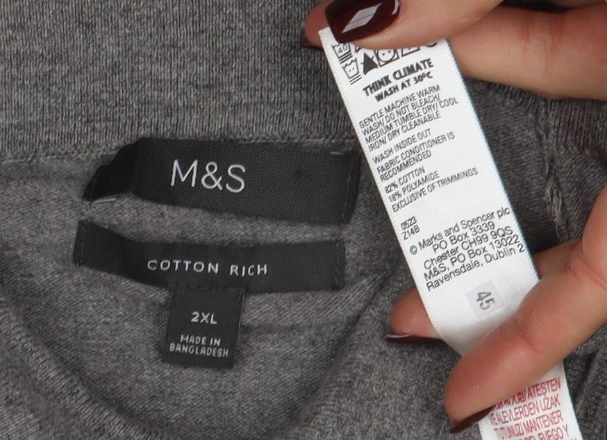 Marks and Spencer Mens Grey 2XL Cotton Rich Long Sleeve Polo