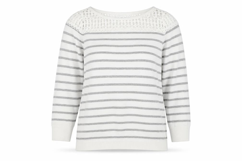 Mint Velvet Women’s Grey Striped Crochet Knit Cotton Jumper Size 8