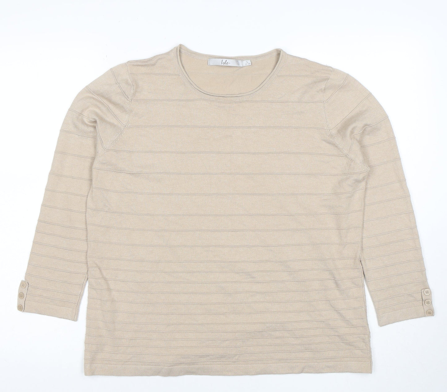 Isle Women Beige Striped Knit 3/4 Sleeve Crew Neck Top L