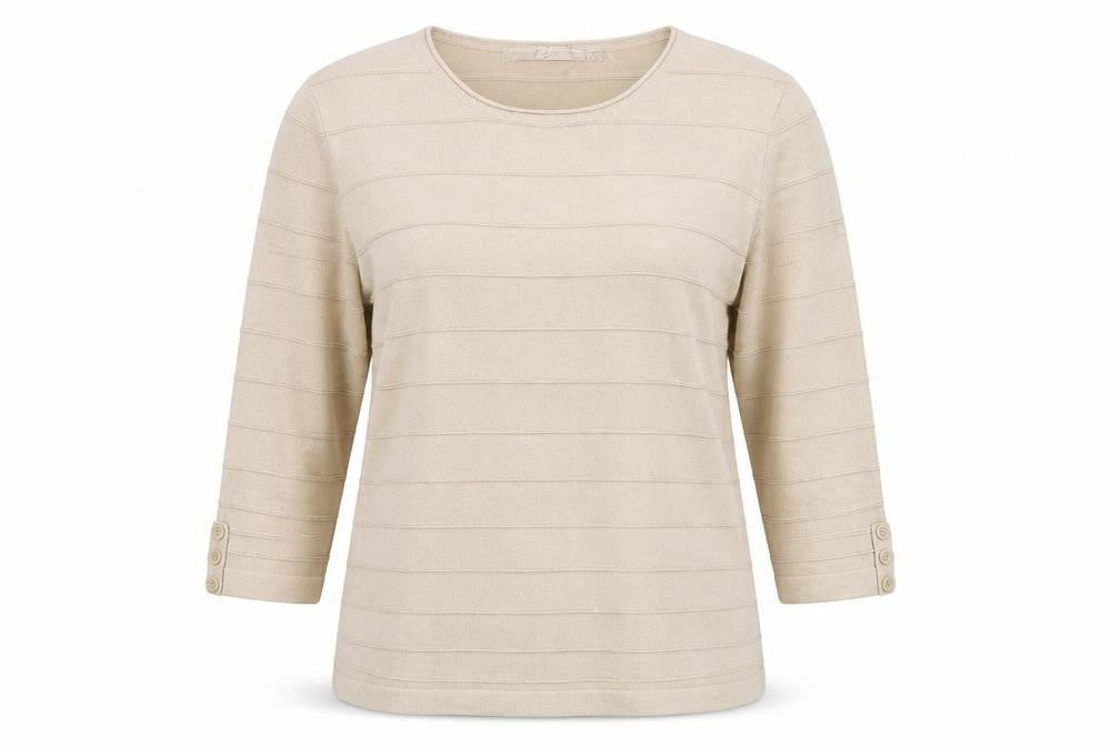 Isle Women Beige Striped Knit 3/4 Sleeve Crew Neck Top L