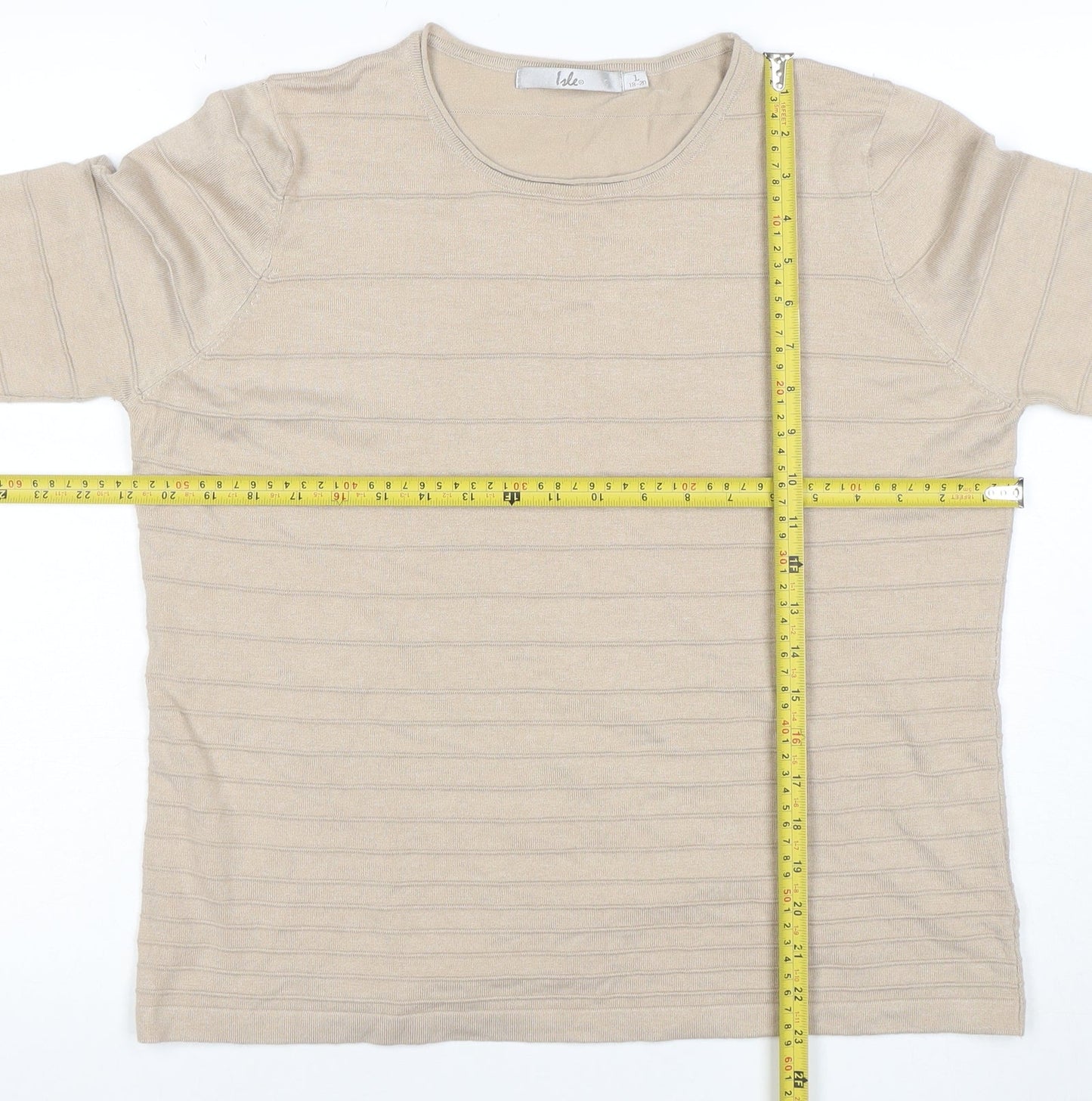 Isle Women Beige Striped Knit 3/4 Sleeve Crew Neck Top L