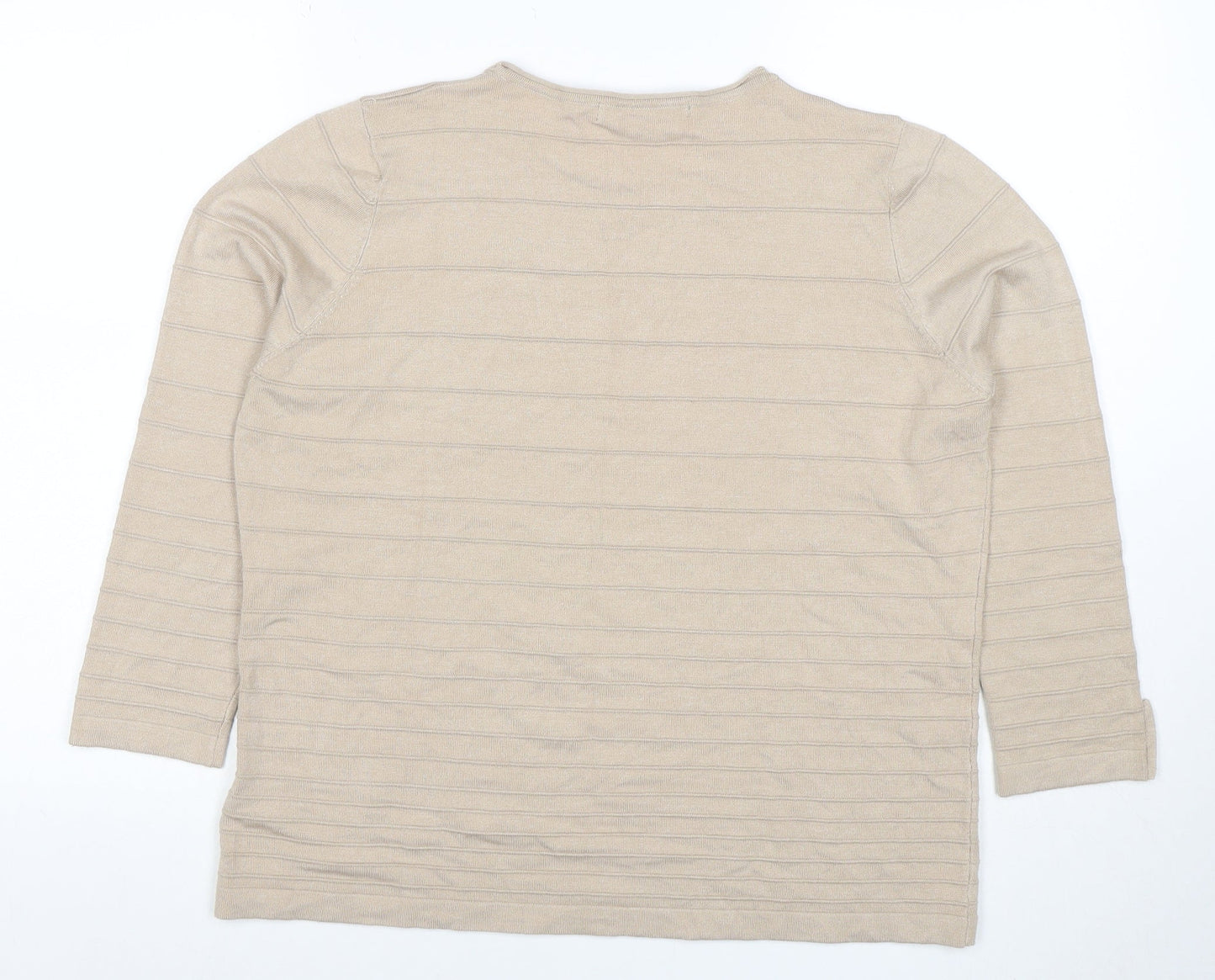 Isle Women Beige Striped Knit 3/4 Sleeve Crew Neck Top L