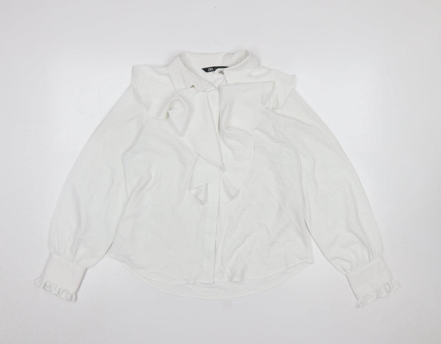 Zara Women White Ruffle Bow Long Sleeve Blouse Size S