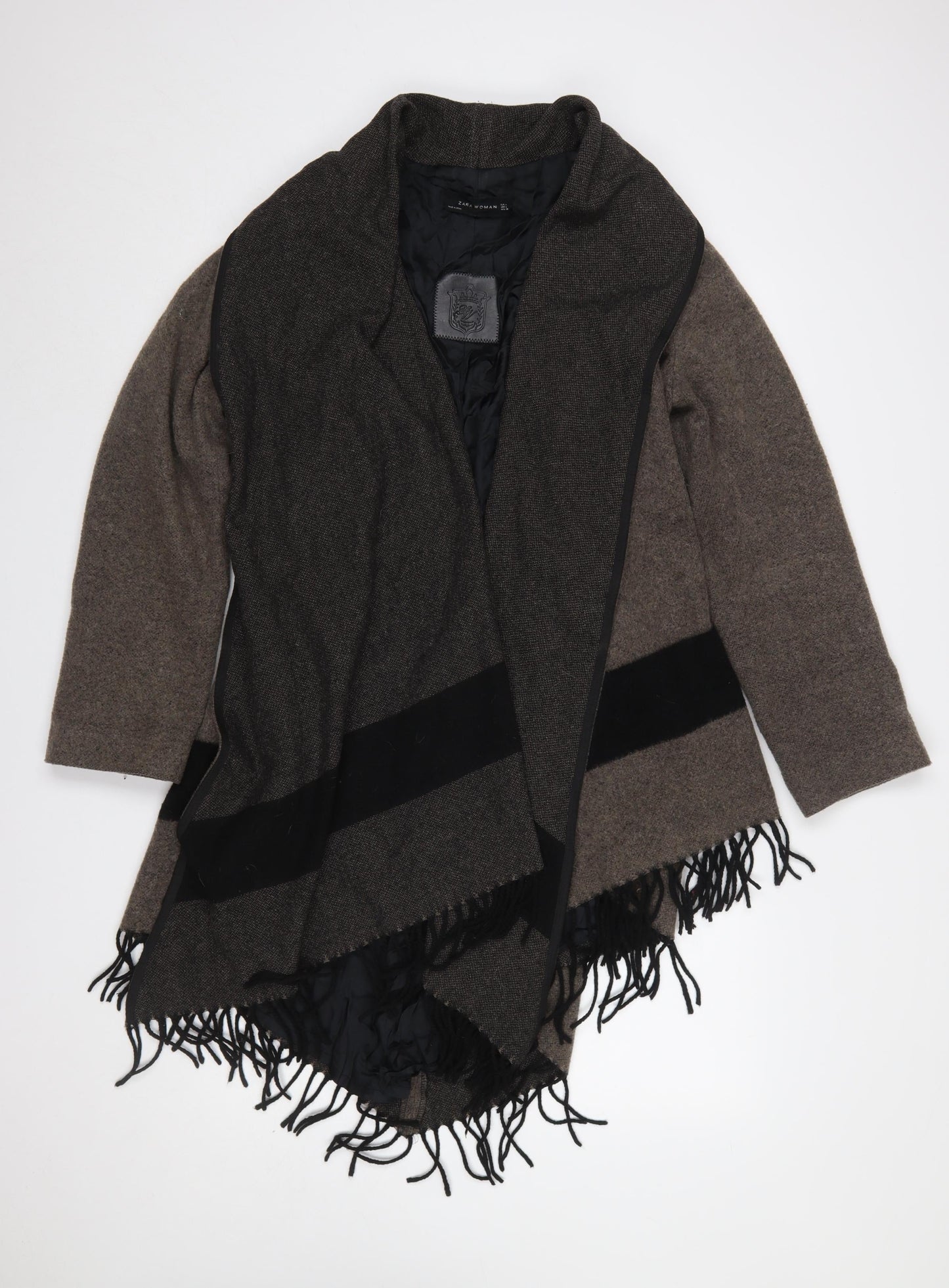 Zara Woman Brown Wool Blend Wrap Fringe Cardigan Size L