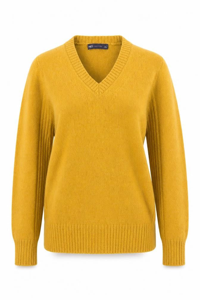 Marks and Spencer Women's Yellow Lambswool V-Neck Jumper Size 8