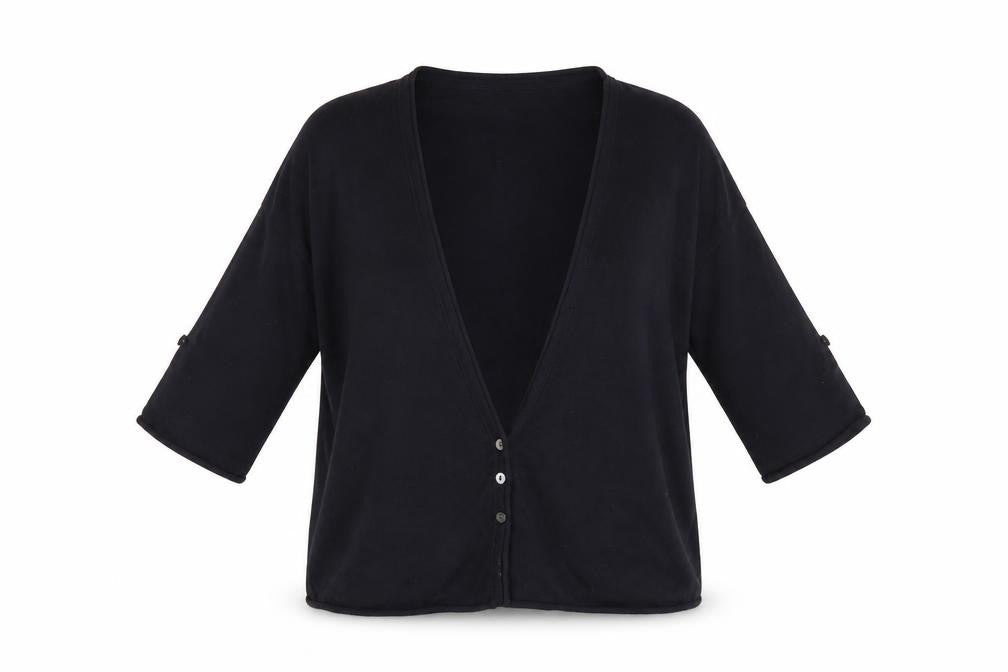 WoolOvers Women's Black Cotton Silk V-Neck 3/4 Sleeve Cardigan Size S
