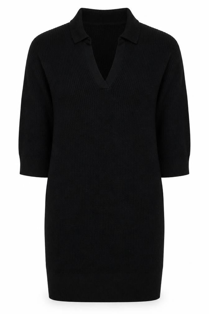 Topshop Women’s Black Knit Jumper Dress Size 8 V-Neck Collared