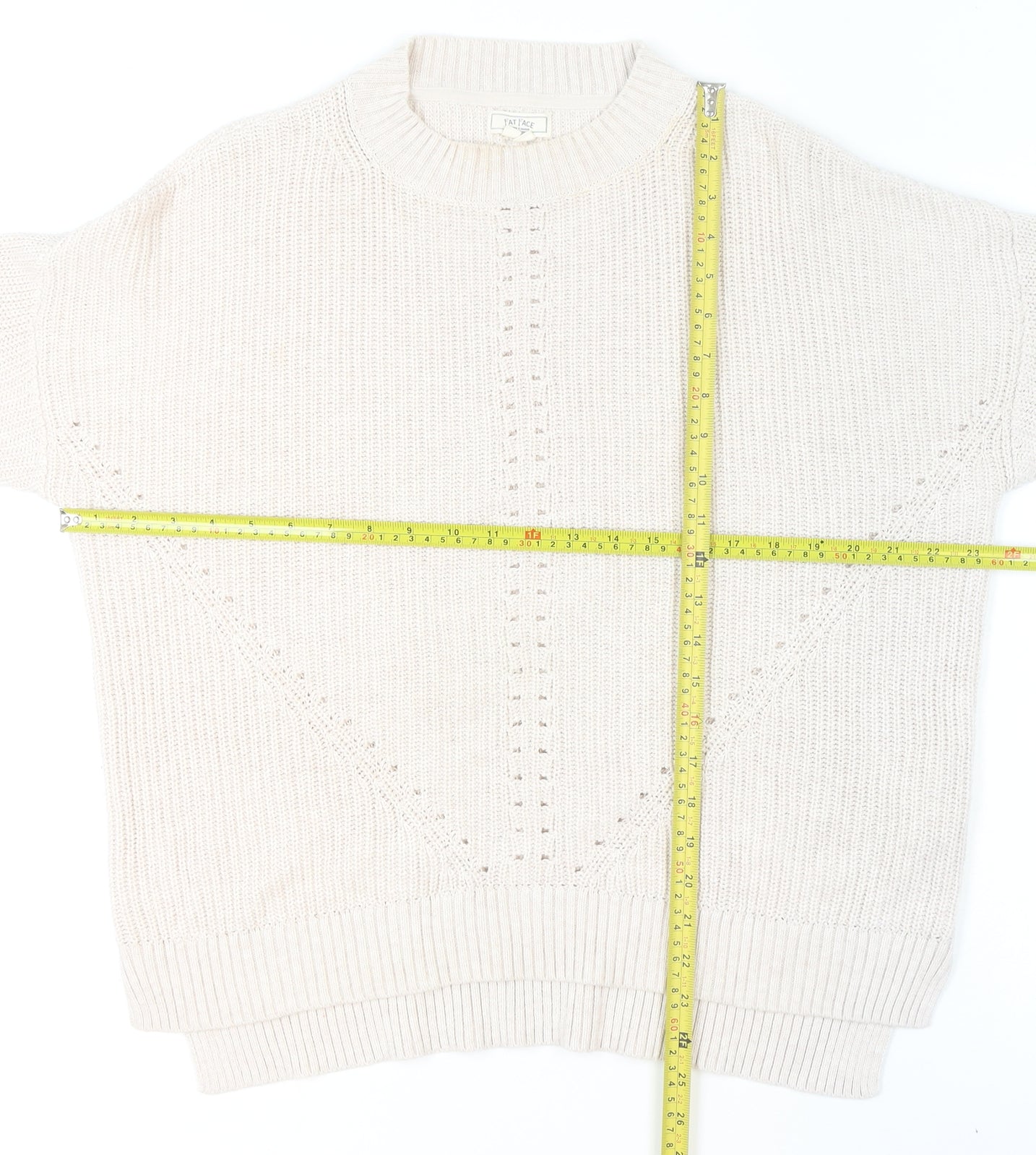 Fat Face Womens Beige Cotton Chunky Knit Crew Neck Jumper Size 14