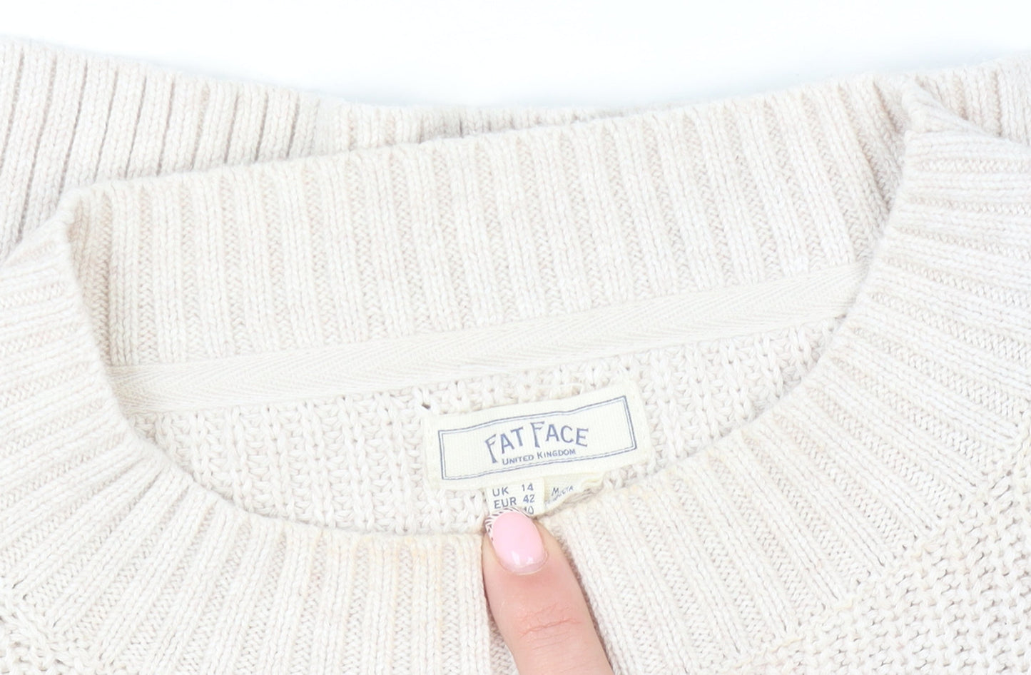 Fat Face Womens Beige Cotton Chunky Knit Crew Neck Jumper Size 14