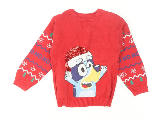 Nutmeg Boys Red Bluey Christmas Jumper 4-5 Years Cotton Pullover
