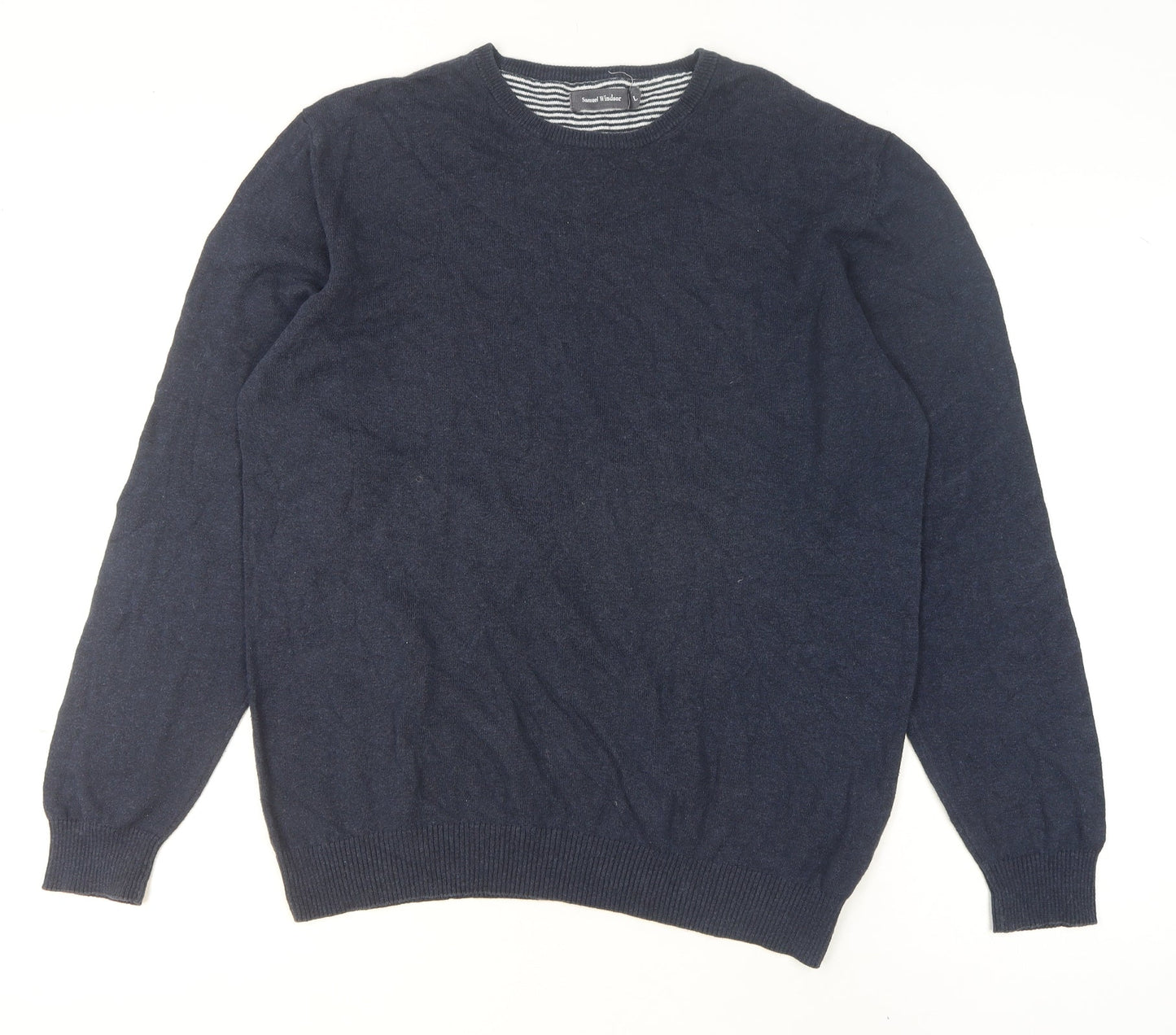 Samuel Windsor Men Blue L Cotton Cashmere Crew Neck Jumper