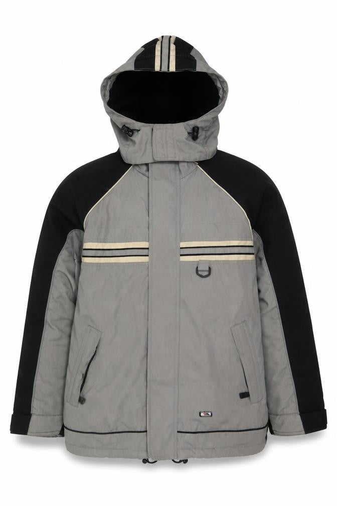 Front view of Trespass boys’ grey hooded puffer jacket 13-14 years winter waterproof coat