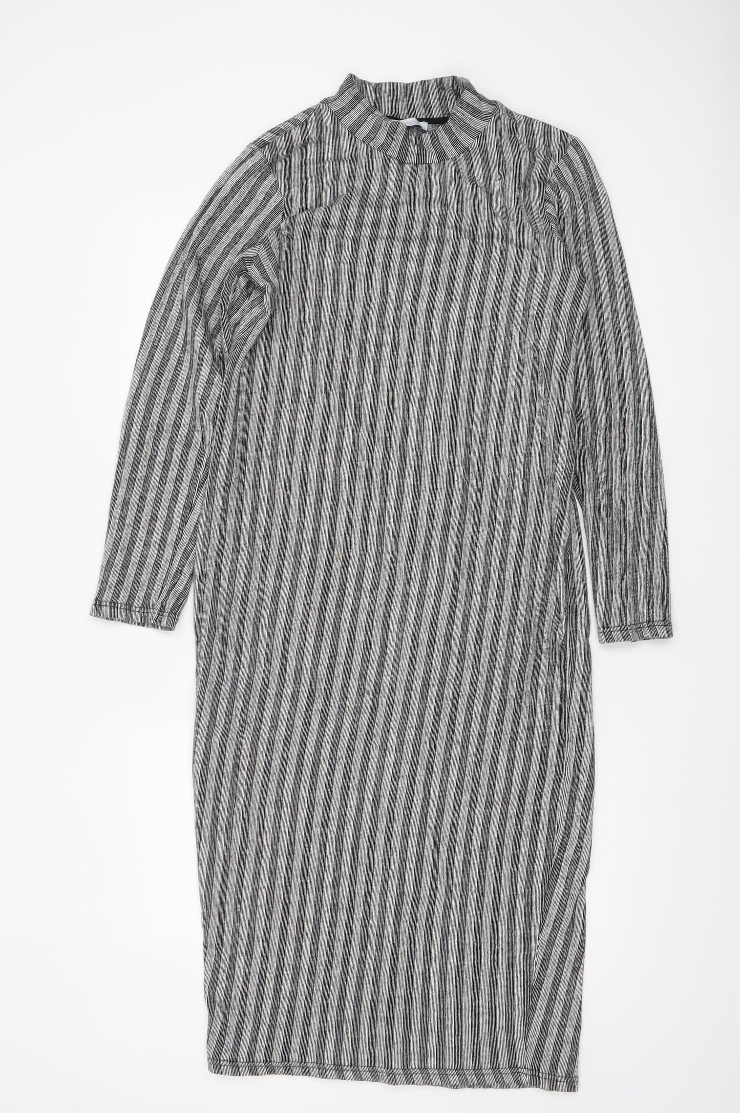 Zara Women Grey Striped Mock Neck Long Sleeve Bodycon Midi Dress L