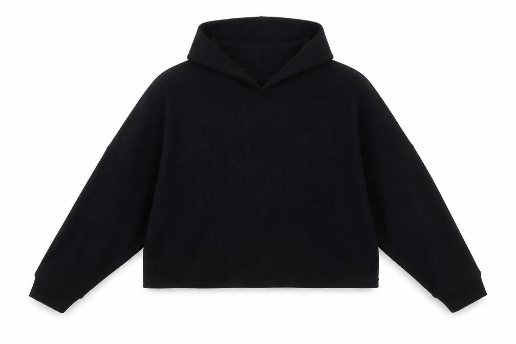 American Eagle Women’s Black Cropped Hooded Long Sleeve T-Shirt L