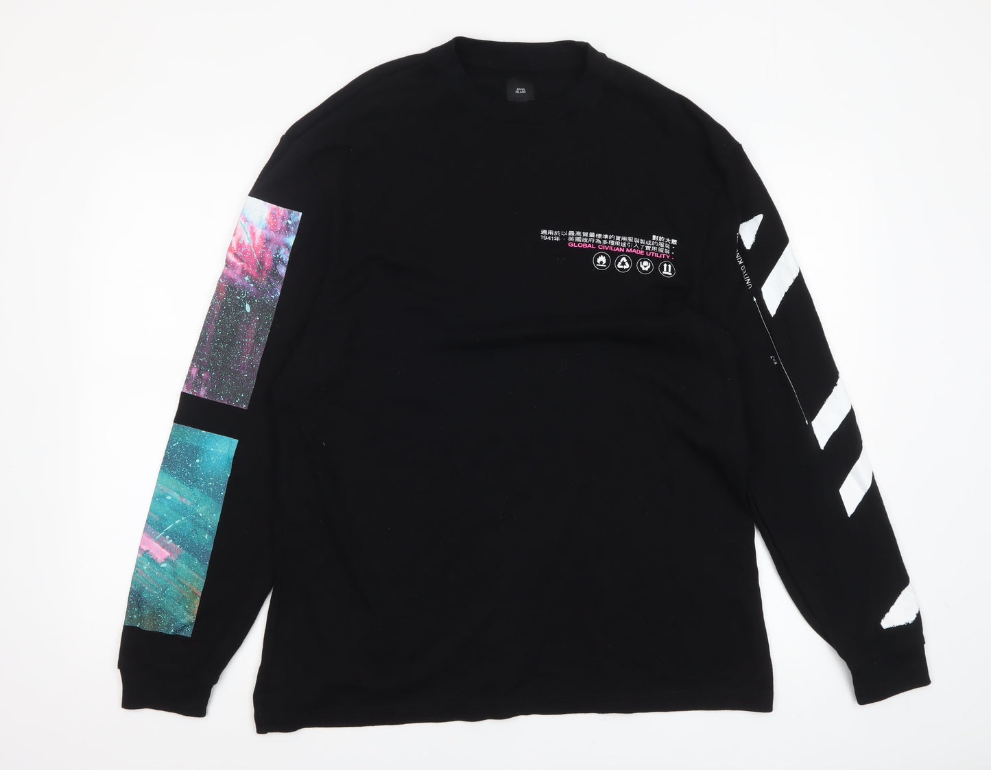 River Island Men's Black Space Print Long Sleeve Graphic Top L