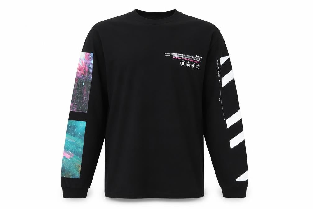 River Island Men's Black Space Print Long Sleeve Graphic Top L