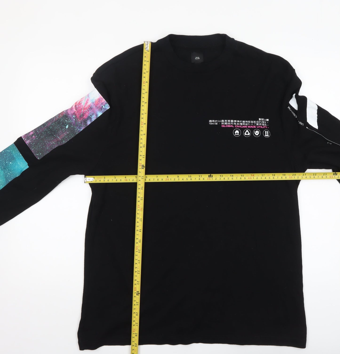 River Island Men's Black Space Print Long Sleeve Graphic Top L