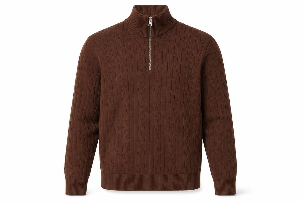 Marks and Spencer Men's Brown Cable-Knit 1/2 Zip Jumper Size S