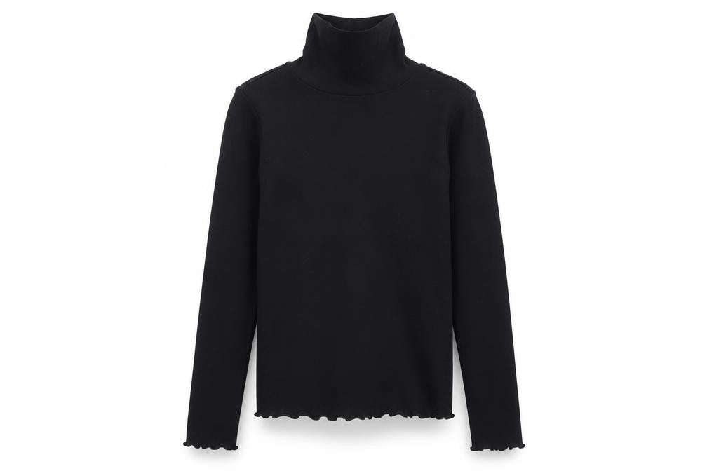 Front view of Marks & Spencer girls’ black roll neck long sleeve cotton top 10-11 years