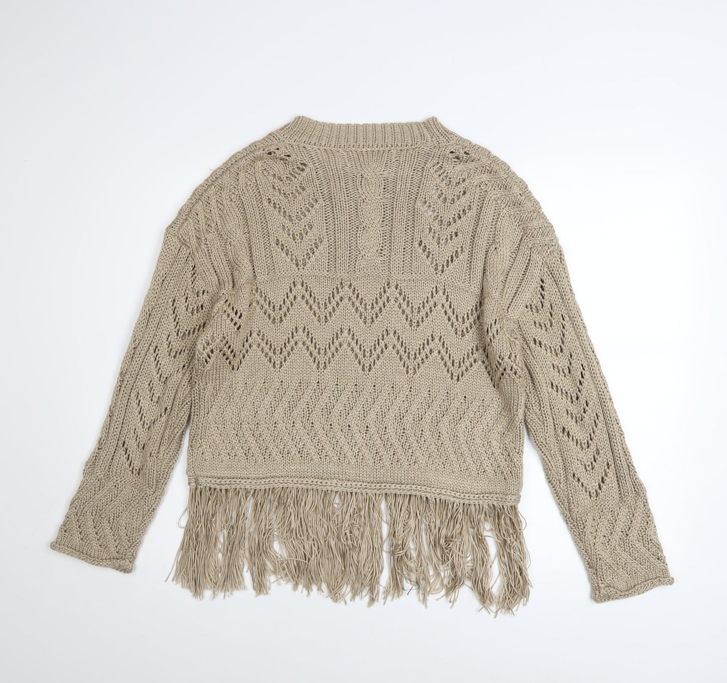 Primark Women Beige Fringe Knit Jumper Size 12-14 Acrylic Boho Style
