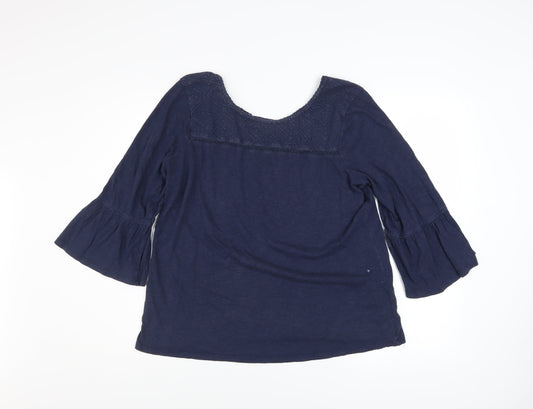 Fat Face Women Blue Embroidered Tunic Blouse Size 14 3/4 Sleeve