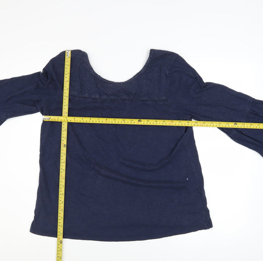 Fat Face Women Blue Embroidered Tunic Blouse Size 14 3/4 Sleeve