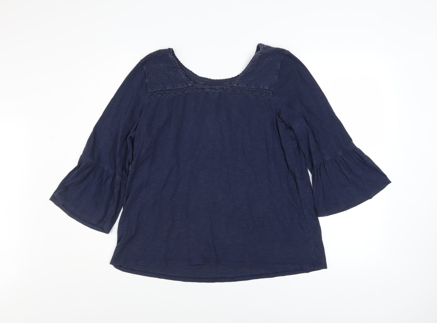 Fat Face Women Blue Embroidered Tunic Blouse Size 14 3/4 Sleeve