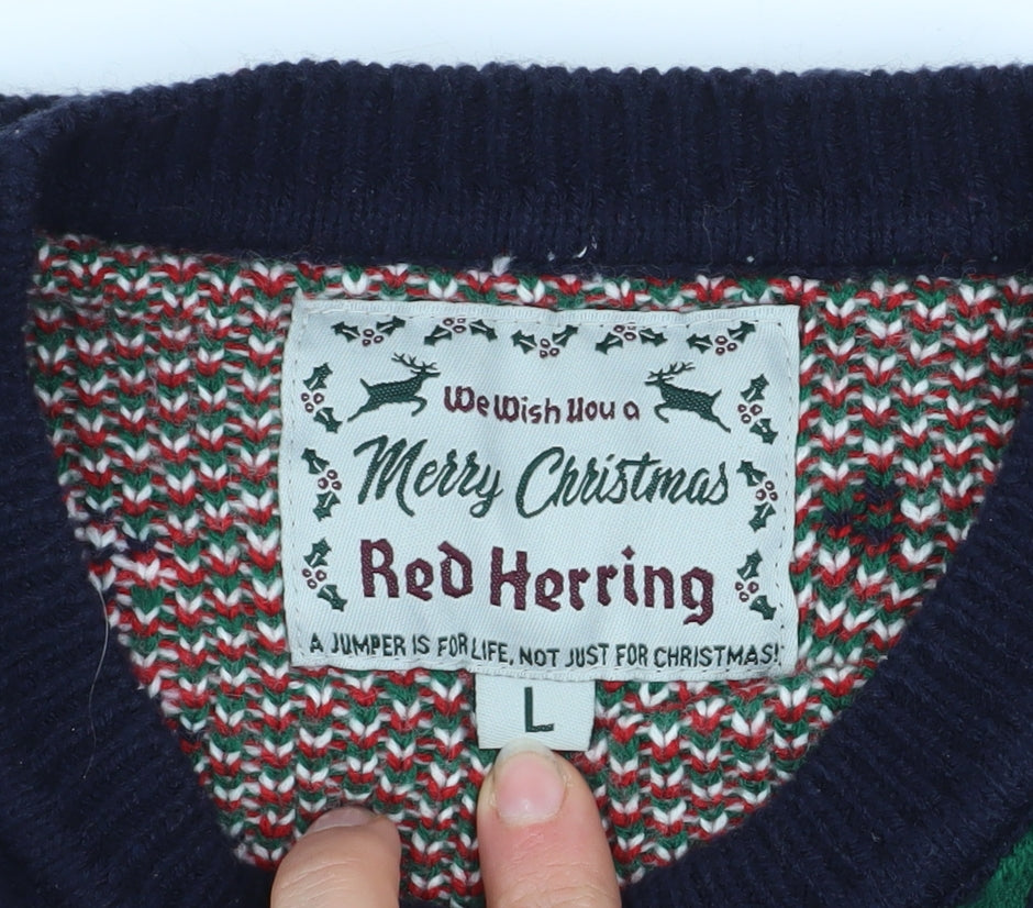 Red Herring Men's Blue Christmas Graphic Pullover Jumper Size L