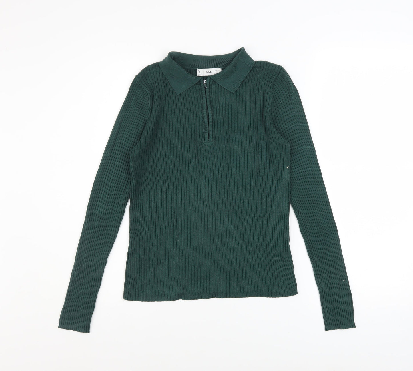 Mango Women's Green Collared Ribbed Henley Jumper Size 14
