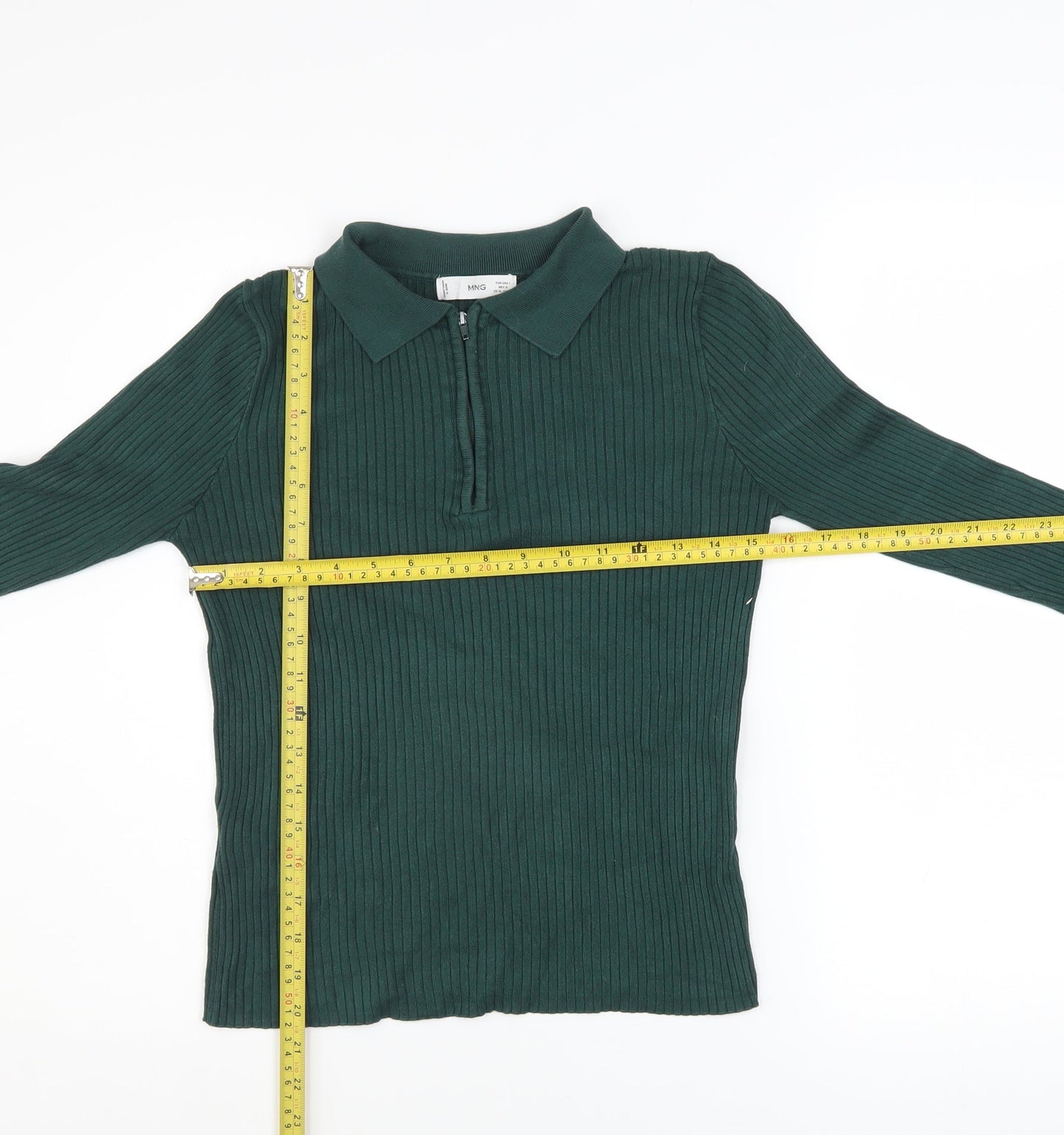 Mango Women's Green Collared Ribbed Henley Jumper Size 14