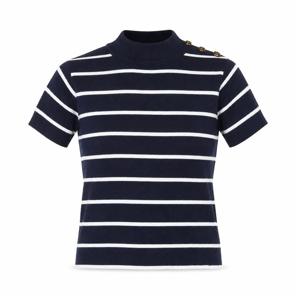 Marks and Spencer Women’s Navy Striped Knit Top UK 12 Mock Neck Short Sleeve
