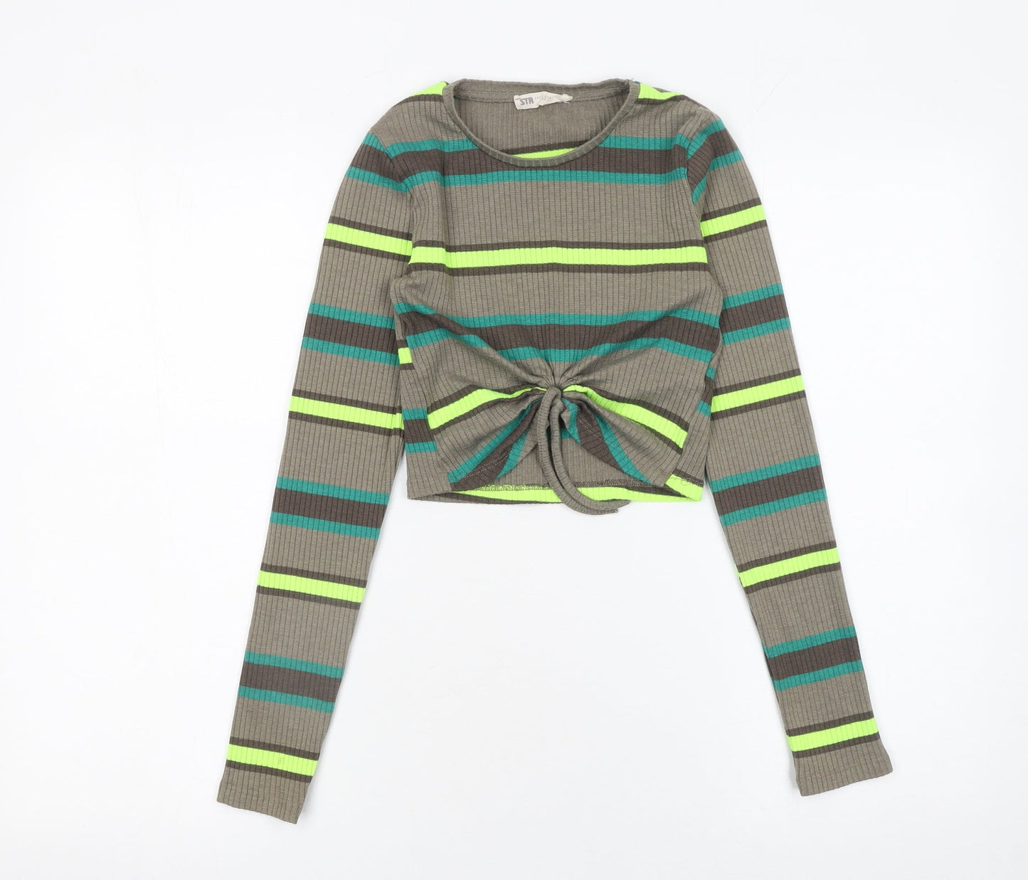 STR Womens Striped Green Cropped Long Sleeve Knit Tie Front Top Size S