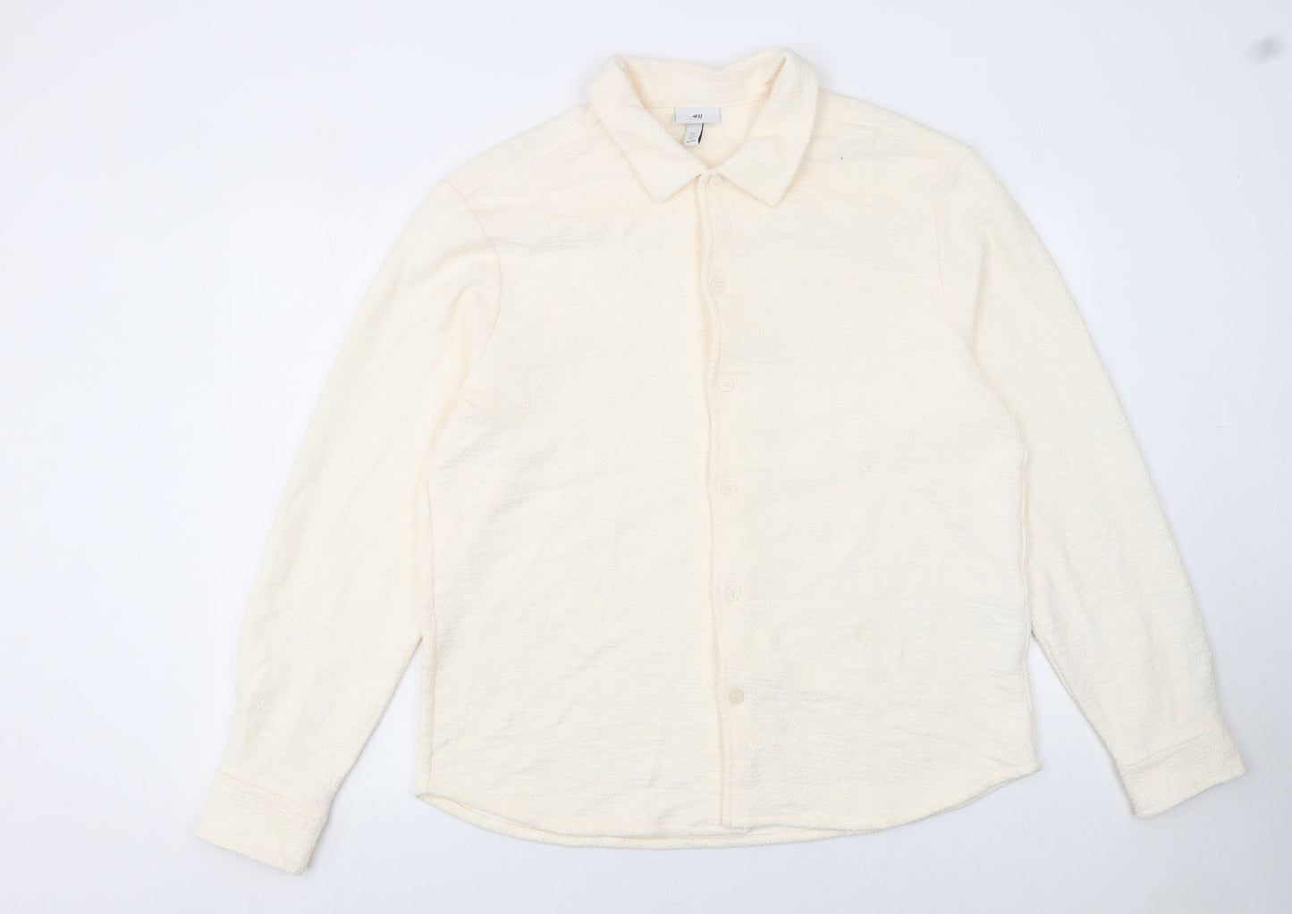 H&M Men Ivory Regular Fit Long Sleeve Cotton Button-Up Shirt L