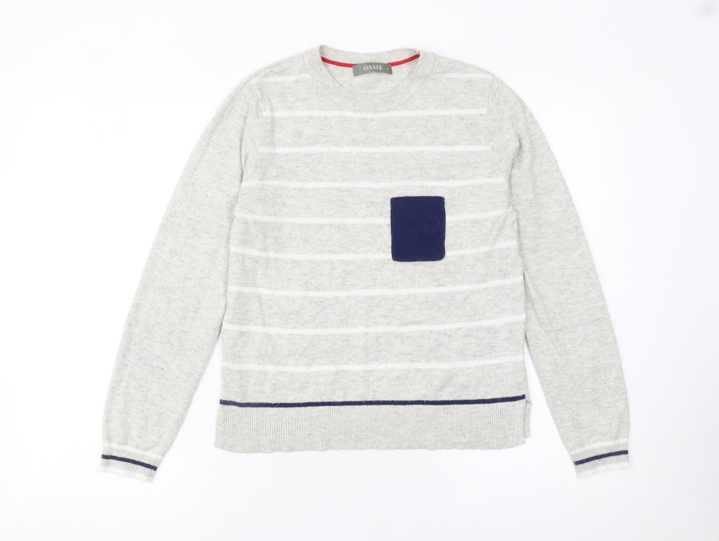 Oasis Women’s Grey Striped Star Jumper Size M Crew Neck Pullover