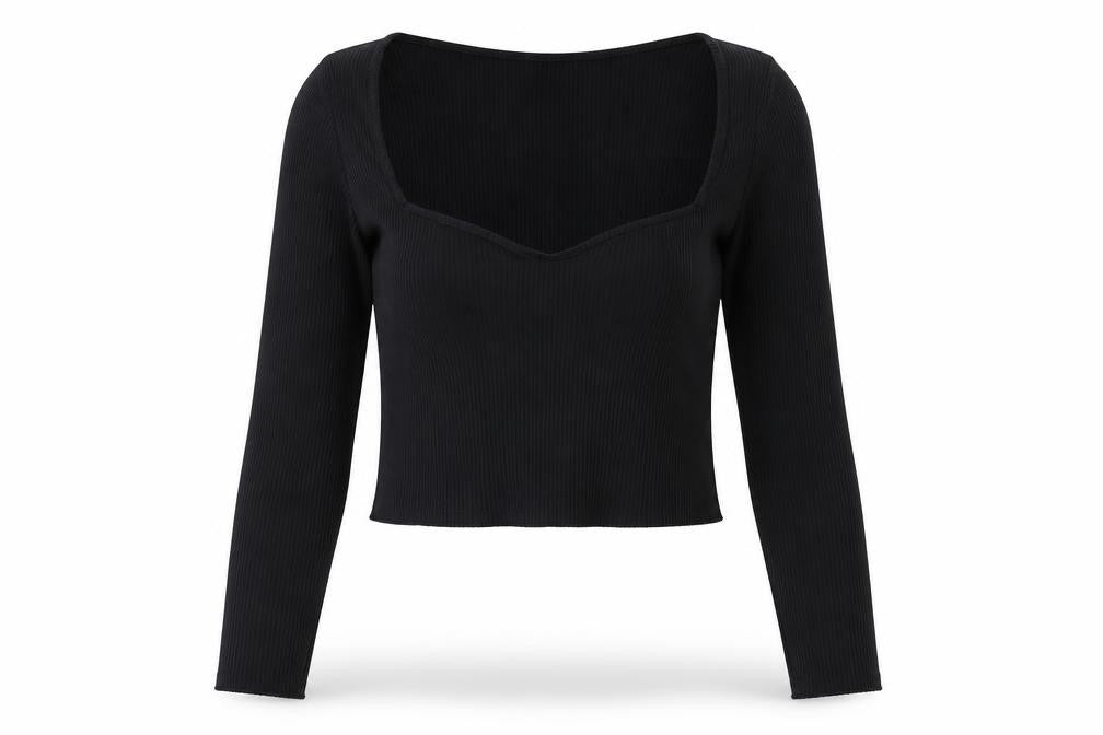 Monki Women’s Black Cropped Long Sleeve Sweetheart Top Size L Cotton Blend