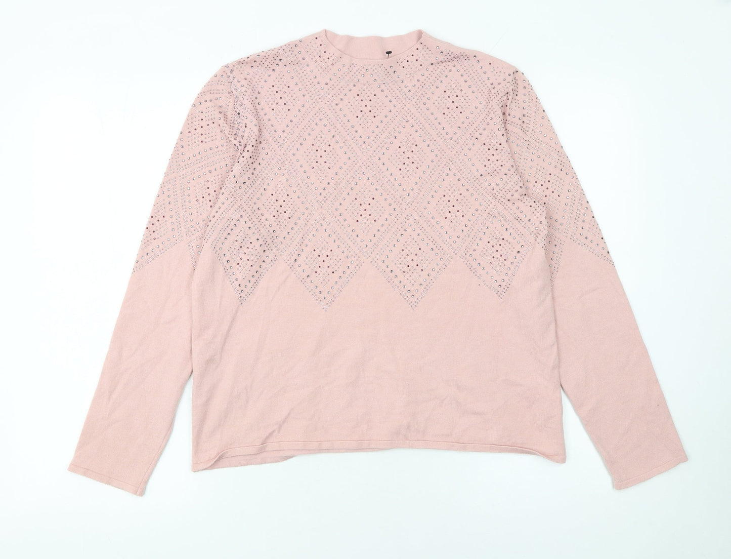 Roman Womens Pink Mock Neck Rhinestone Knit Jumper Size 14