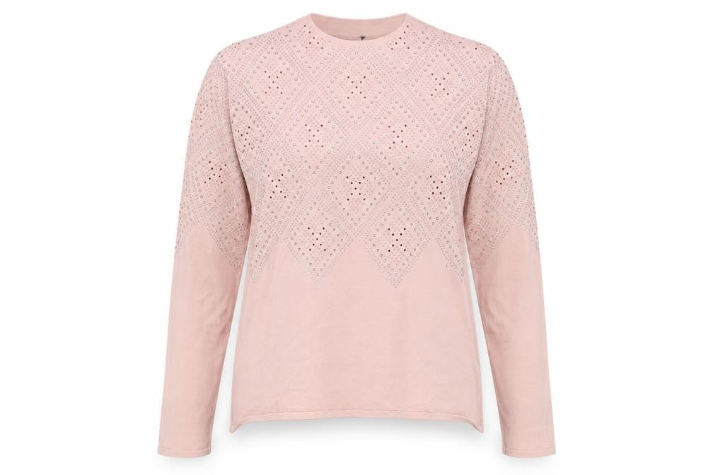 Front view of Roman women’s pink mock neck rhinestone knit jumper, size UK 14