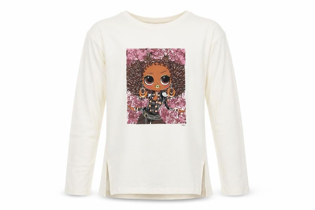 Front view of Next girls’ white lol surprise sequin long sleeve t-shirt 11 years