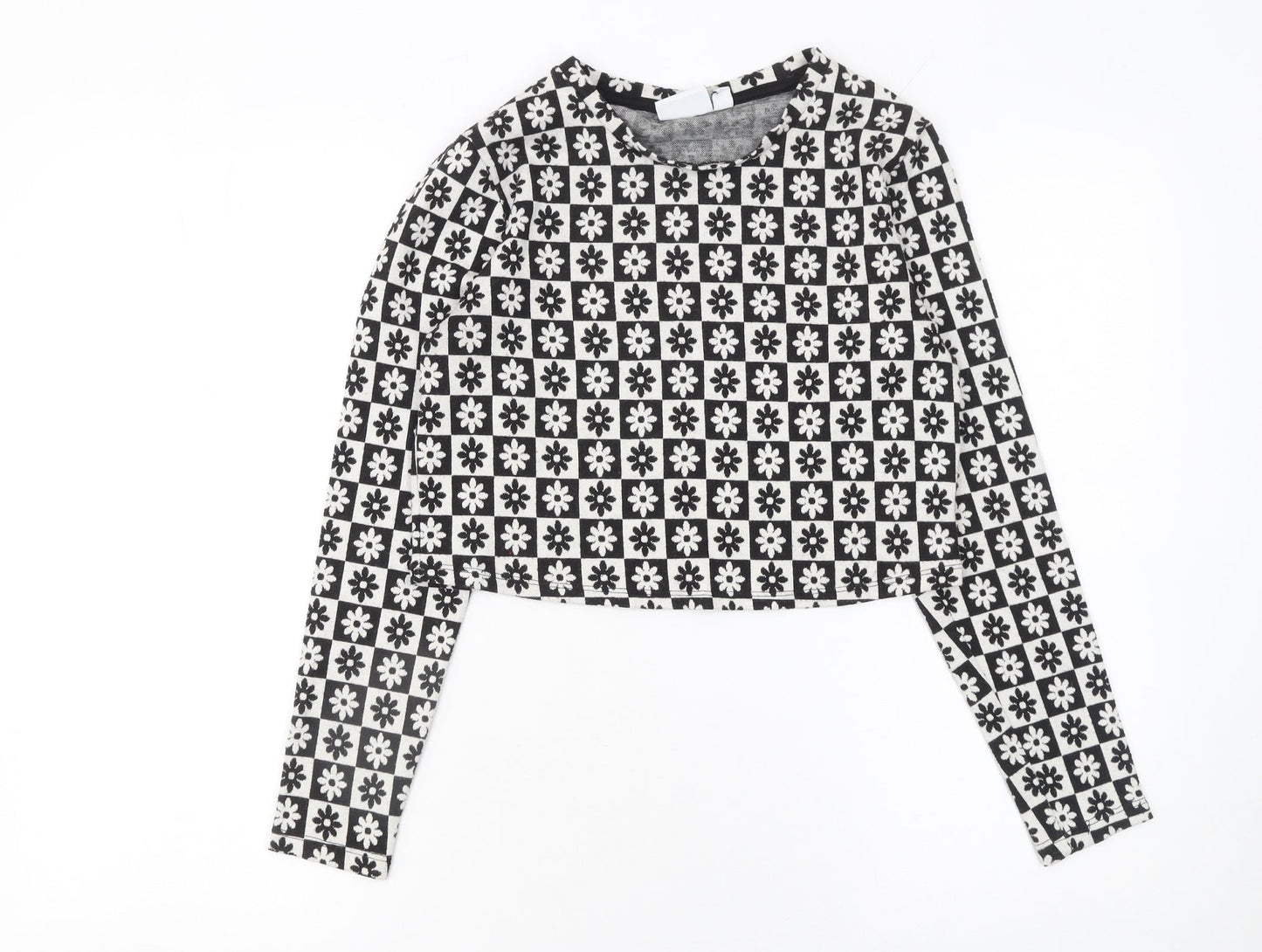 Vila Women Black Floral Geometric Cropped Long Sleeve Top Size 12