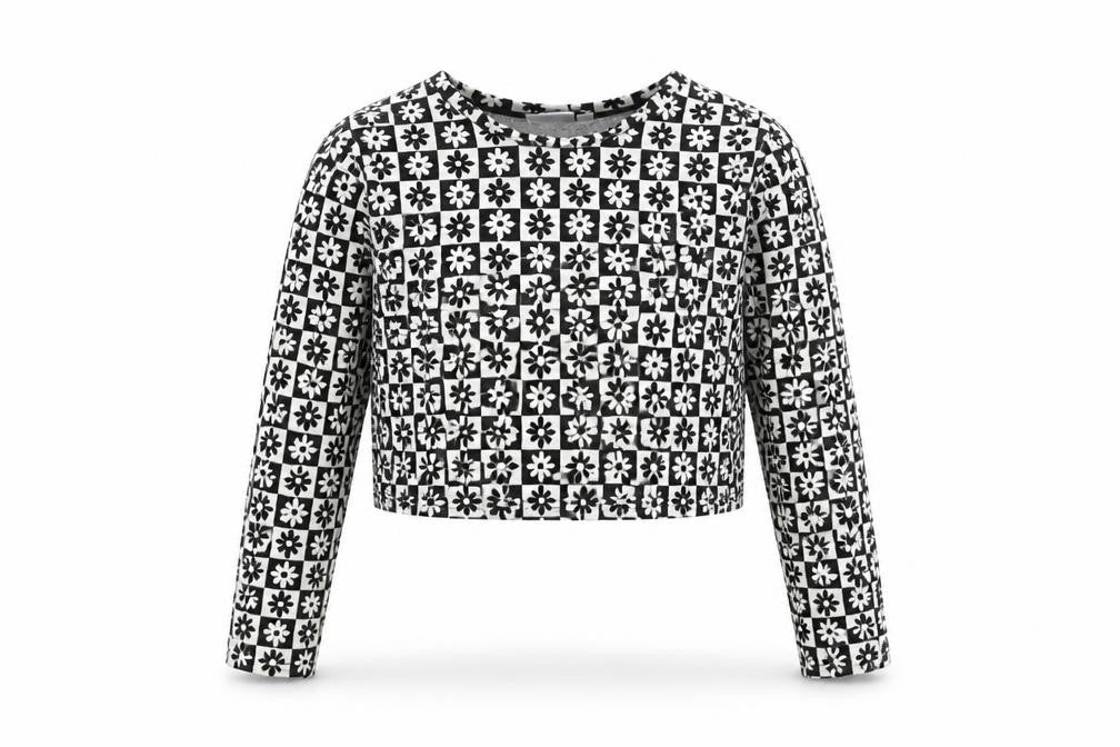 VILA Women Black Floral Geometric Cropped Long Sleeve Top Size 12