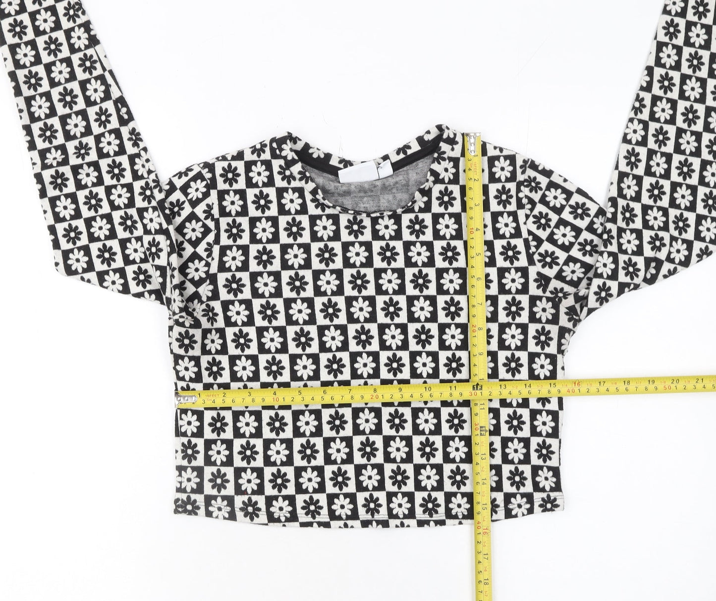 Vila Women Black Floral Geometric Cropped Long Sleeve Top Size 12