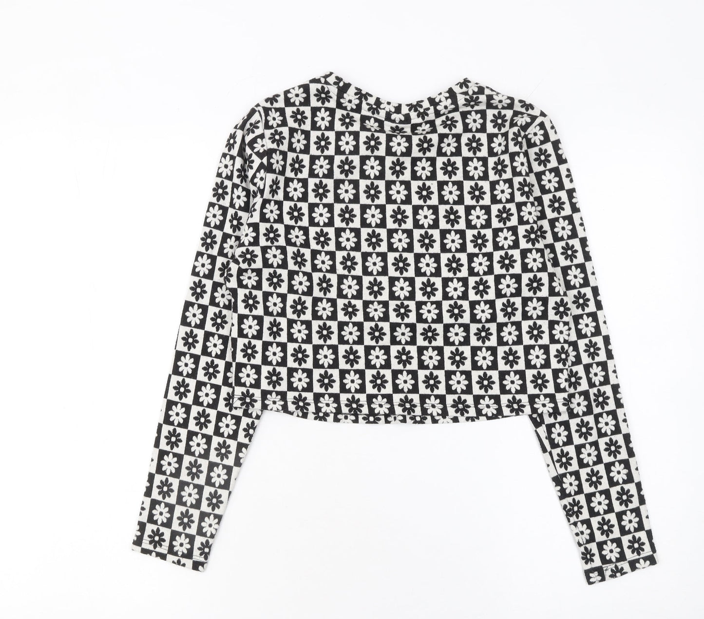 Vila Women Black Floral Geometric Cropped Long Sleeve Top Size 12