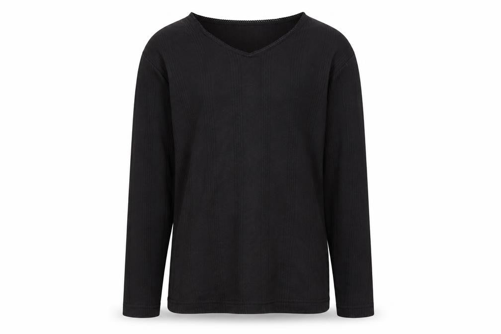 Front view of women’s thermal girls black long sleeve v-neck t-shirt, size UK 10-12, years
