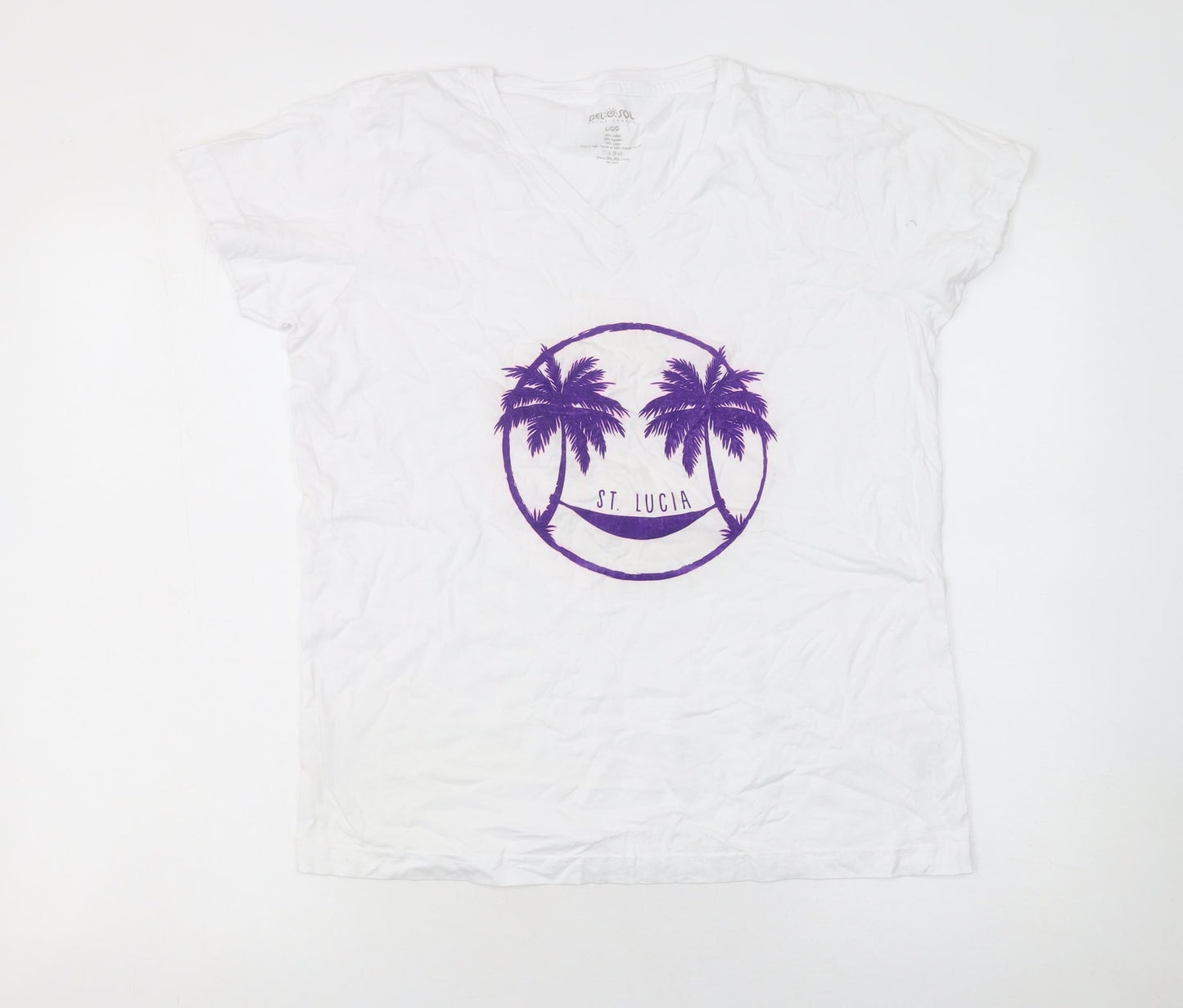Del Sol Women White V-Neck St Lucia Cotton T-Shirt Size L