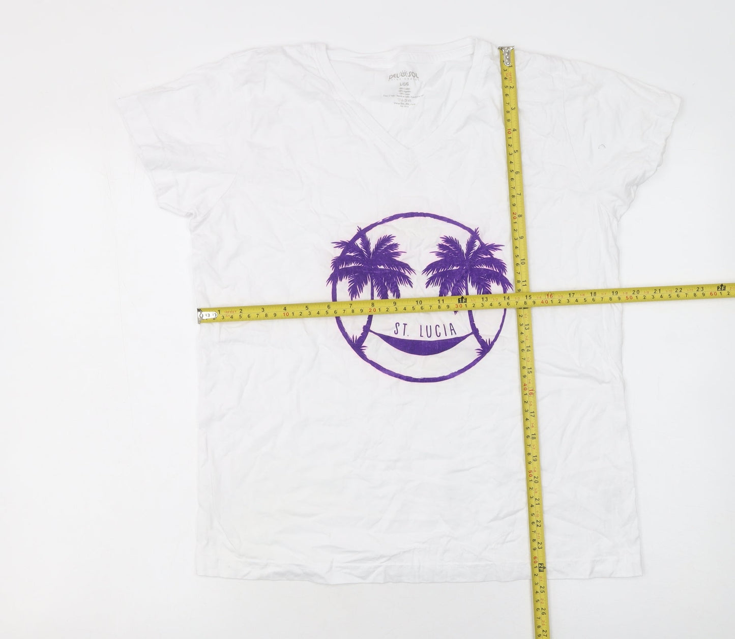 Del Sol Women White V-Neck St Lucia Cotton T-Shirt Size L
