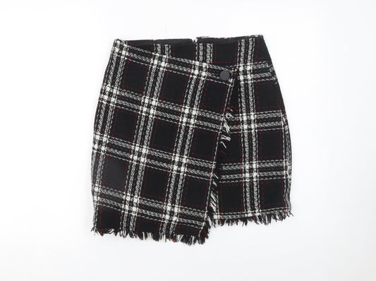Warehouse Women Black Plaid Wrap Mini Skirt Size 10 Tweed Fringe Detail