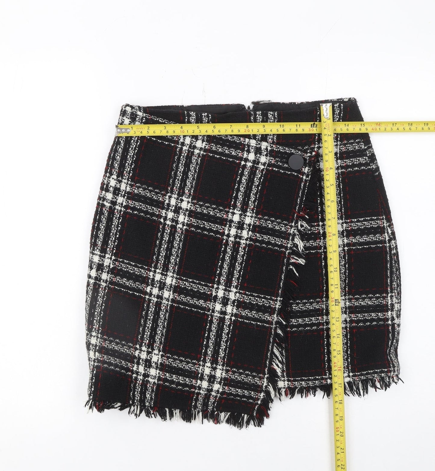 Warehouse Women Black Plaid Wrap Mini Skirt Size 10 Tweed Fringe Detail