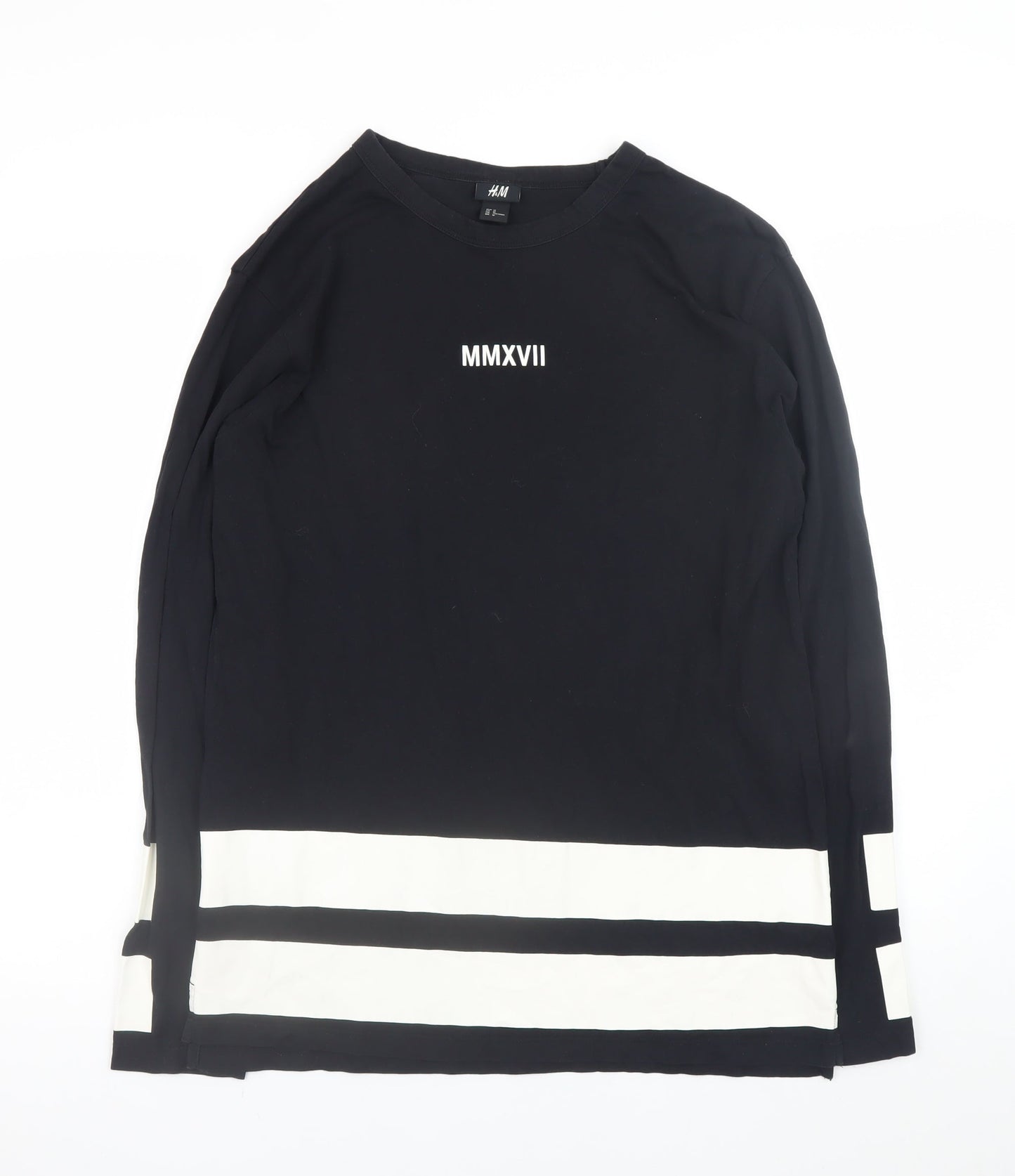 H&M Men's Black Long Sleeve Colourblock Cotton T-Shirt Size M