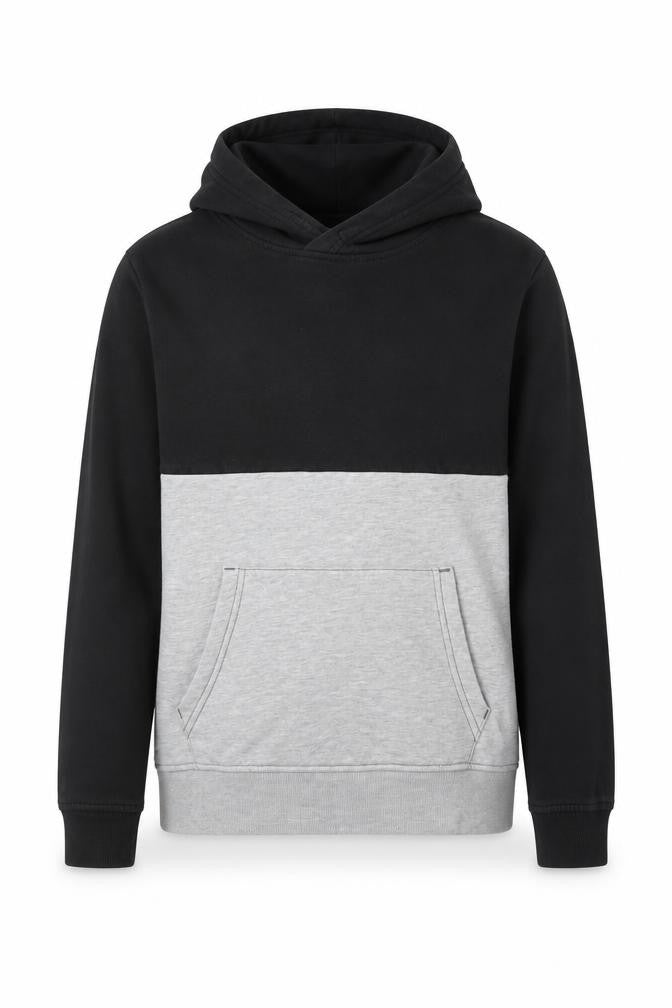 Front view of H&M boys’ black grey colourblock pullover hoodie 11-12 years