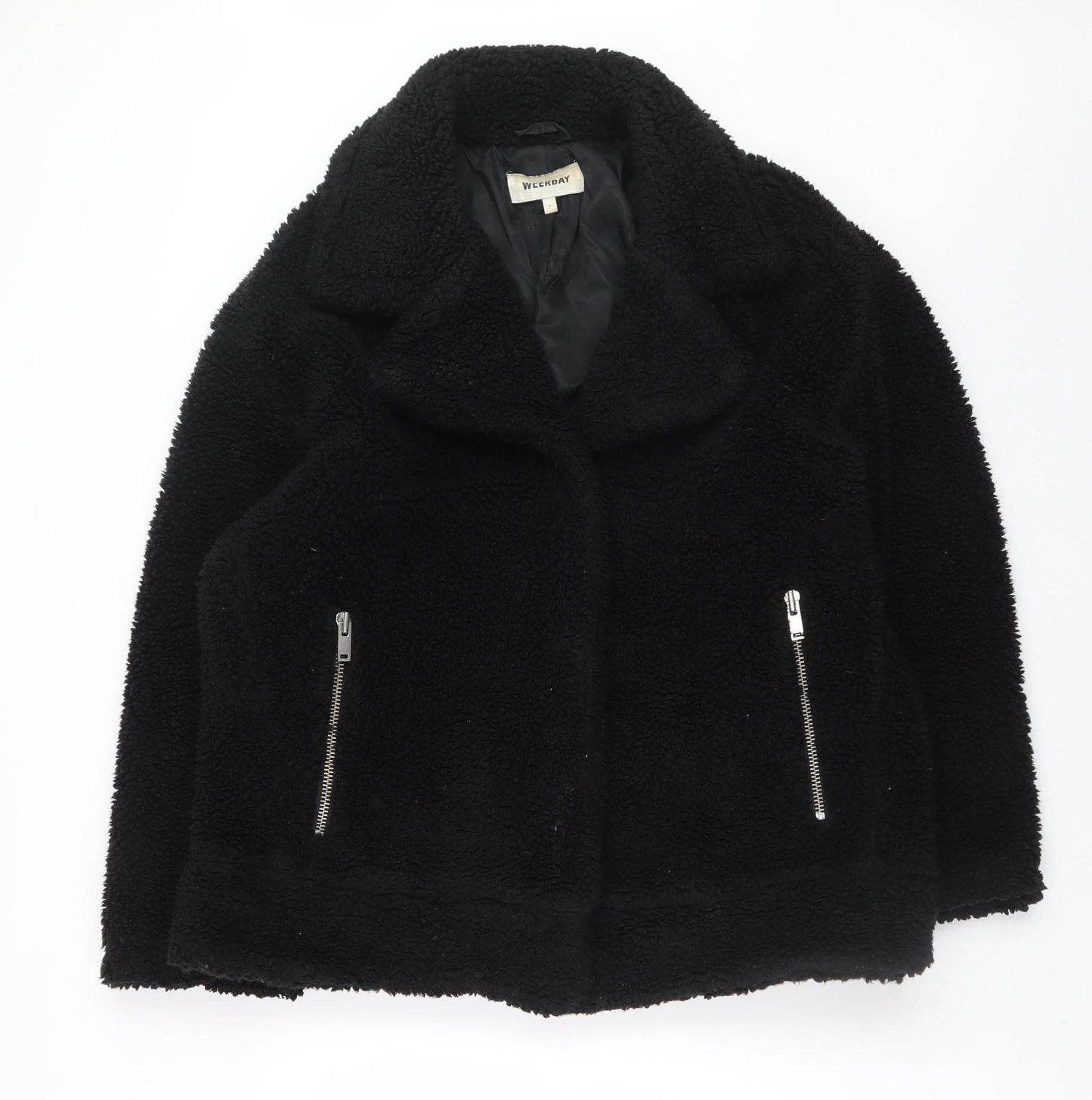 Weekday Women Black Teddy Bomber Jacket Size S Short Zip Fleece